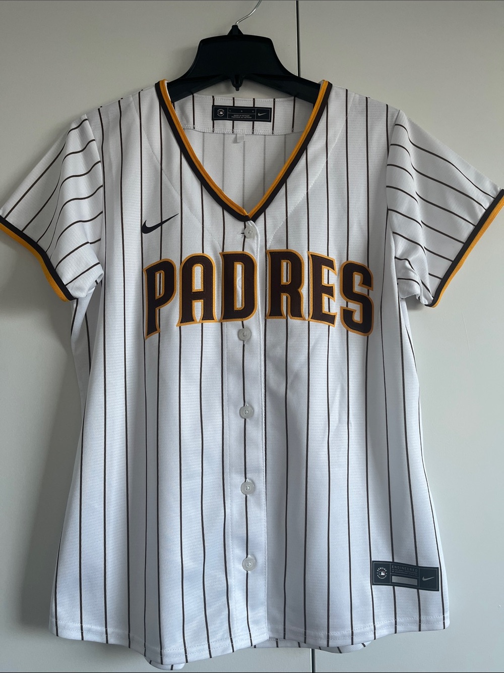 Nike Women’s Large Padres White & Brown Pinstripe Baseball Jersey